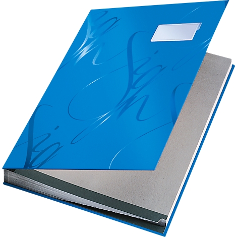 Blue file folder with open lid. A word is written on the cover in curvy letters. Small white label.