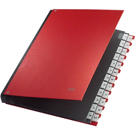 Open red file with tabs from A-Z. The Leitz logo is visible.