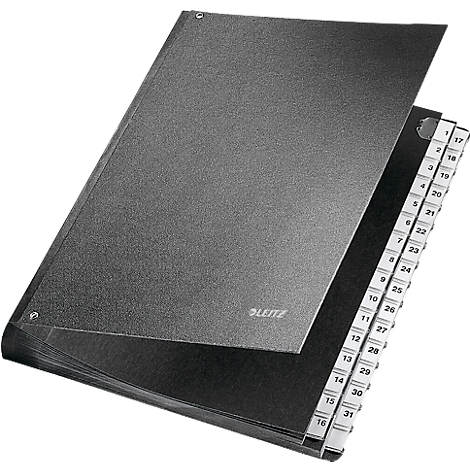 Black binder with index tabs. The "Leitz" logo is visible. The tabs are labeled with numbers.