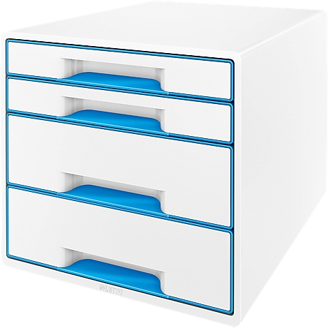 White office drawer cabinet with four drawers. Blue accents on handles and frame.