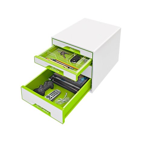 White, two-story drawer system with green interior compartments filled with office supplies and consumer electronics.