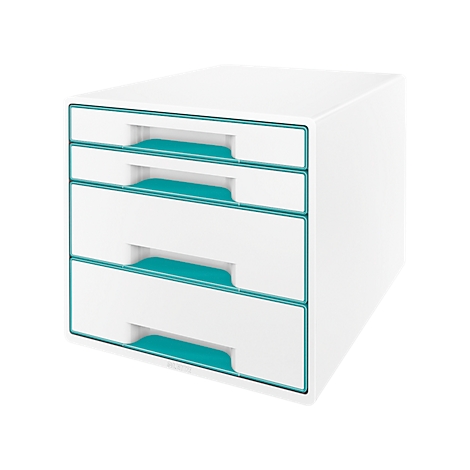 White office drawer unit with four drawers. The handles and frames are turquoise.
