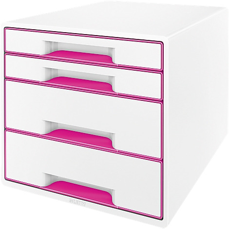 White desk organizer with four drawers, pink frames and handle recesses.