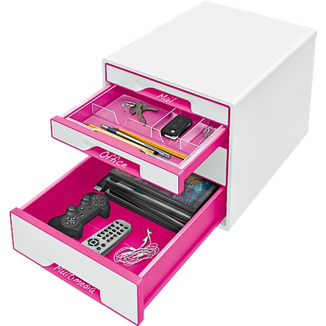 White desk organizer with three drawers, pink interior. Labeled with 'Mail', 'Office', 'Multimedia'.