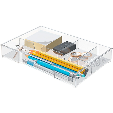 Transparent drawer box with contents: pens, notepaper, keys, coins.