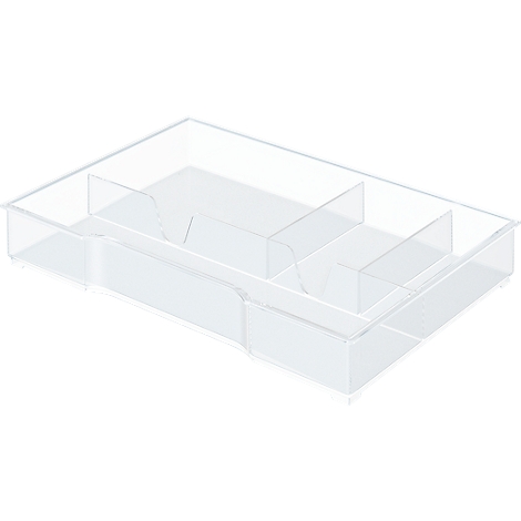 Transparent drawer insert with multiple compartments. Divided into individual areas.