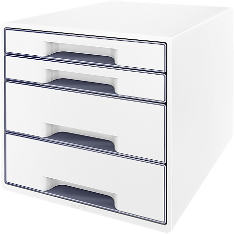White drawer cabinet with four drawers and dark blue handles. Square shape.
