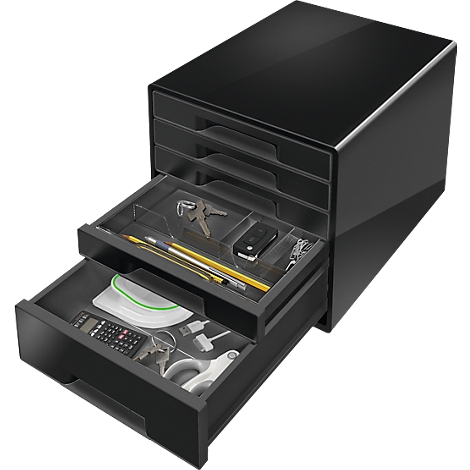 Black drawer box with partially opened drawers. Inside are keys, pens, a car key, and other items.