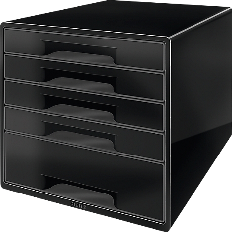 Black, glossy storage box with five drawers and recessed handles. 'LEITZ' is written on the bottom drawer.