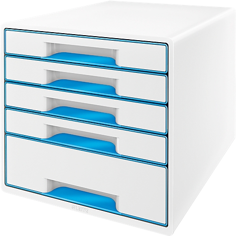 White drawer element with four drawers, blue handles and accents.