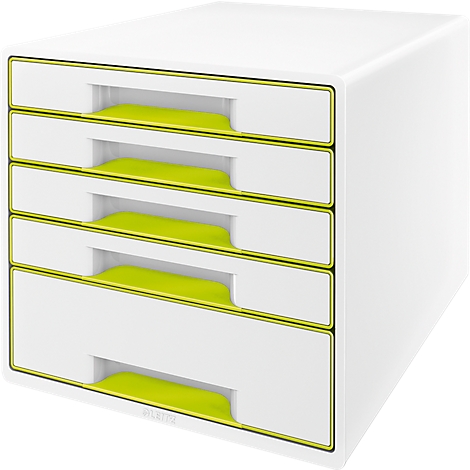 White drawer cabinet with four drawers, lime green recessed grips and frames.