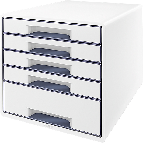 White drawer cabinet with four drawers. Gray recessed handles. The cabinet stands in front of a white background.