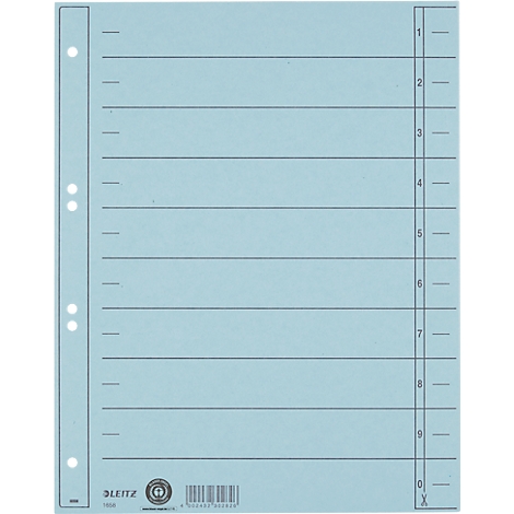 Light blue Leitz sheet with perforation and horizontal lines. Prints: Numbers 1-10 at the top and Leitz logo and barcode at the bottom.