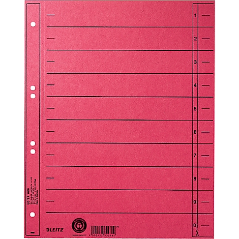 Red filing pocket with perforation. Prints of numbers and the company logo LEITZ.