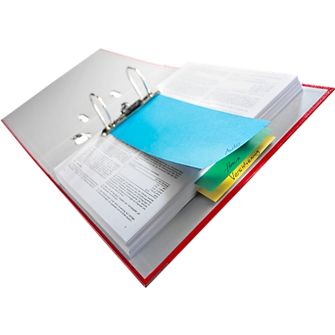 Binder with open pages, blue and yellow markers.