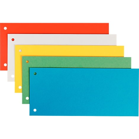 Overlapping, colorful index cards with holes: red, white, yellow, green, blue. White background.