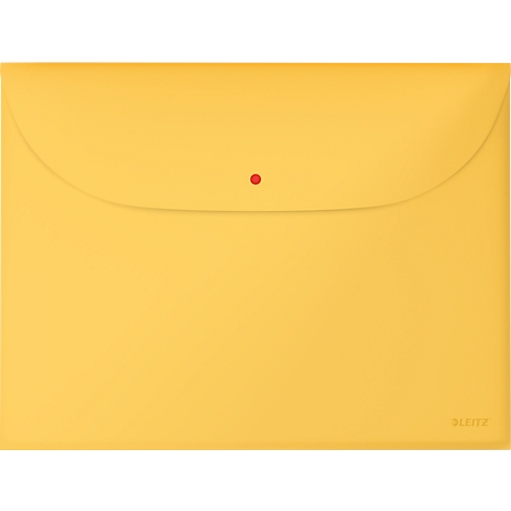 Gelbe Dokumentenmappe mit rotem Knopfverschluss.