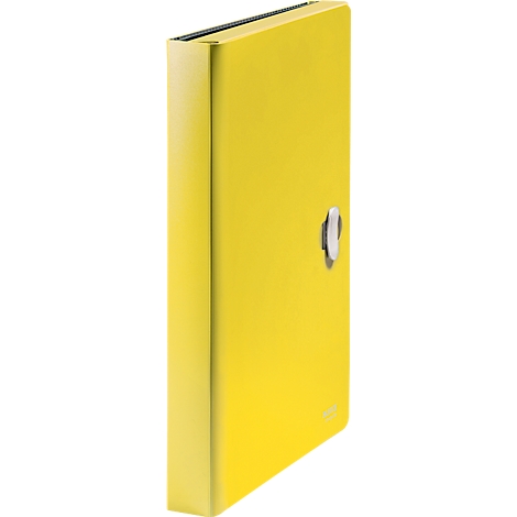 Gelber Schlüsselschrank mit Metallverschluss, von der Seite fotografiert.