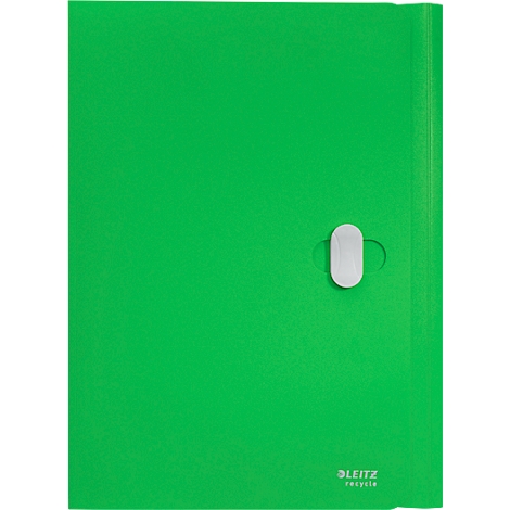 Ein grüner Leitz-Ordner, mit weißem Verschluss und 'LEITZ recycle' Schriftzug.