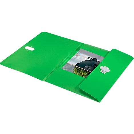 Grüner Dokumenten-Ordner mit Foto, geöffnet. Verschluss mit weißer Wolke.
