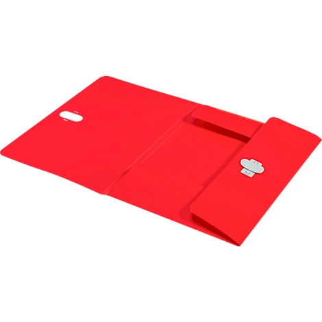 Roter Ordner, offen, mit Klappe und Verschluss.