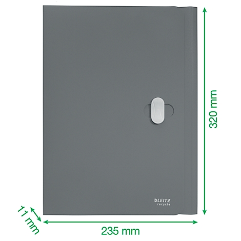 Graue, geschlossene Leitz-A4-Mappe mit silberfarbenem Verschluss. Maße: 320 x 235 x 11 mm.