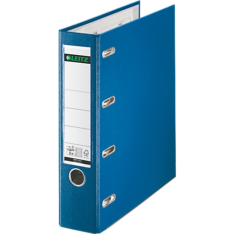 Blue Leitz binder, partially open, with white label and lettering.