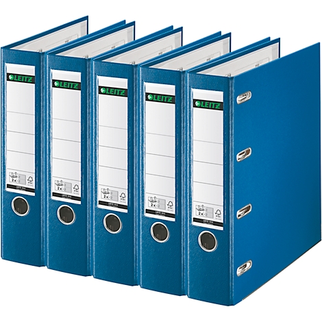 Blue file folders lined up. White labels with the "LEITZ" logo are visible on the spines.