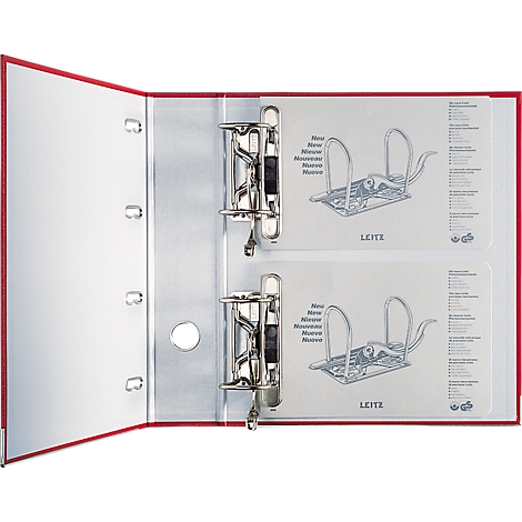 Opened red binder with metal mechanism and two insert sheets. LEITZ logo is visible on the sheets.