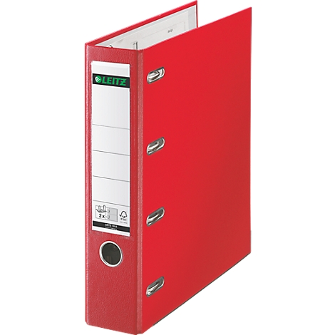Red Leitz binder, open, with white label and logo.