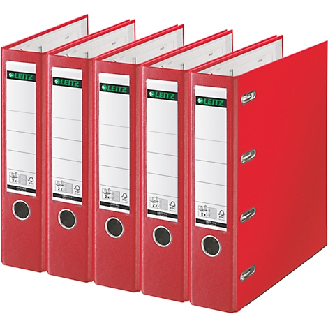 Five red file folders, with a white label and the brand name LEITZ. Individual folders are open.