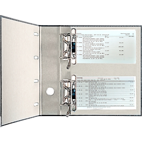 Binder with two open pages filled with documents. A detail of the metal mechanism can be seen.