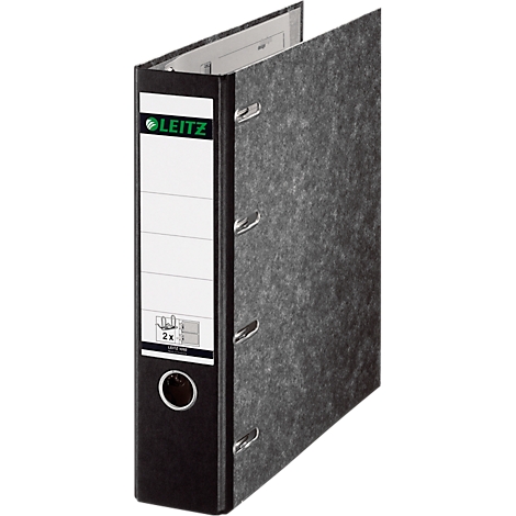 Black binder with "LEITZ" label and metal rings, slightly open.