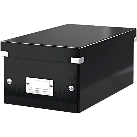 Black file box, shiny surface, metal corners and name tag, LEITZ logo.