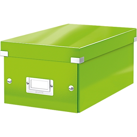 A closed, lime green archive box with silver metal corners and a label holder.