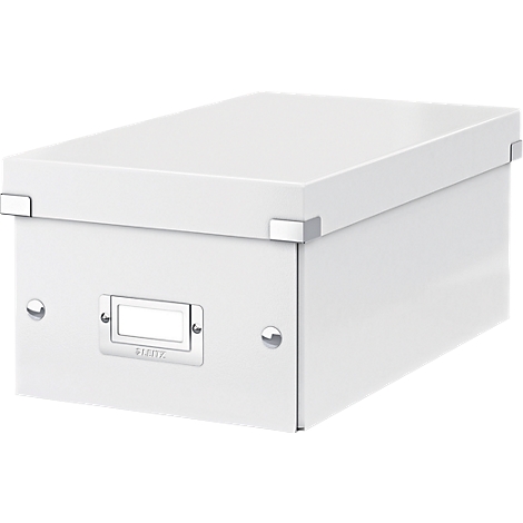 White archive box with lid. Corner reinforcements and nameplate.