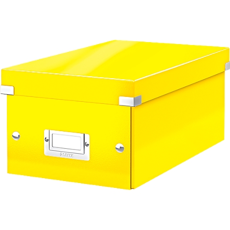 Yellow file box with lid, corner reinforcements and a label. The name "LEITZ" can be seen on the label.
