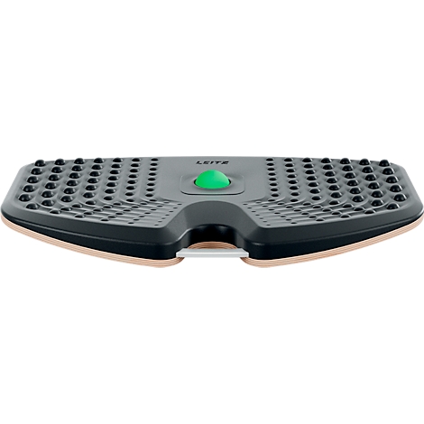 Repose-pieds ergonomique noir et gris avec des picots. Un bouton vert et l'inscription LEITZ sont visibles.