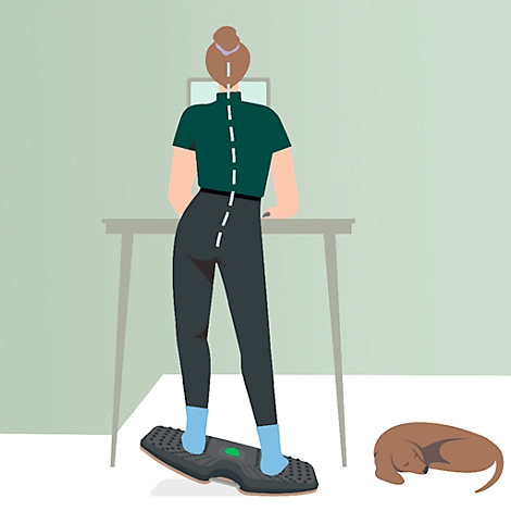 Een vrouw staat aan een bureau op een balansbord. Een lijn geeft de ideale houding van de wervelkolom aan. Een hond slaapt naast haar.