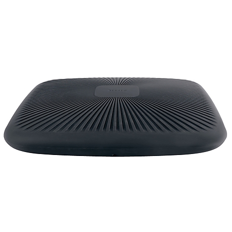 Donkergrijze, vierkante basis met een groefpatroon, licht afgeronde randen en een centraal rechthoekig element met belettering.