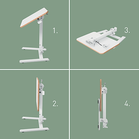 Vier afbeeldingen van een witte verstelbare laptoptafel in verschillende posities.