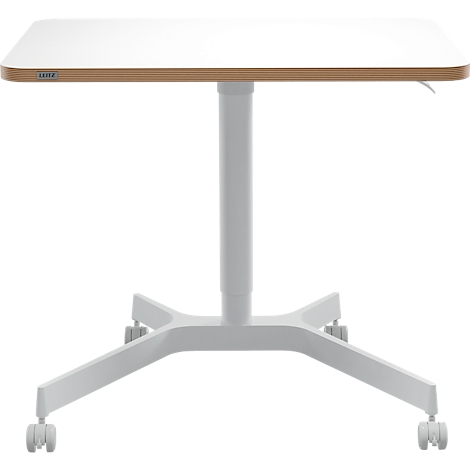 A white, square standing desk on casters. The tabletop has a wooden frame. The frame is white.