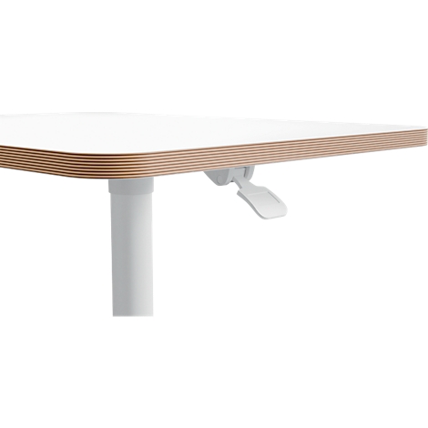 Close-up of a table edge: White table top with wood veneer edge, white leg and lever.