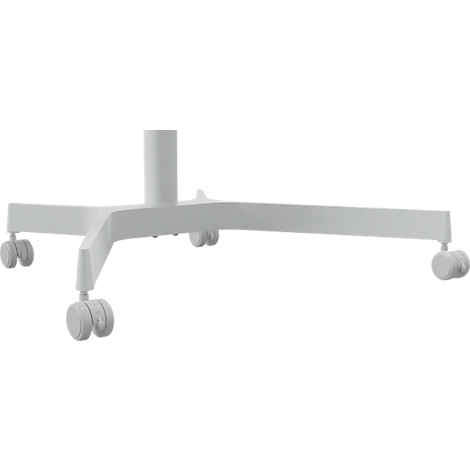 White table frame with castors. The legs are angular and connected. Each leg has castors for movement.