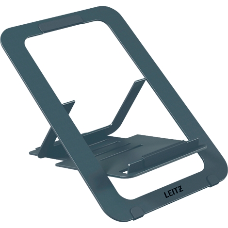 Support pour ordinateur portable bleu-gris avec l'inscription "LEITZ". Il est incliné et de forme rectangulaire.