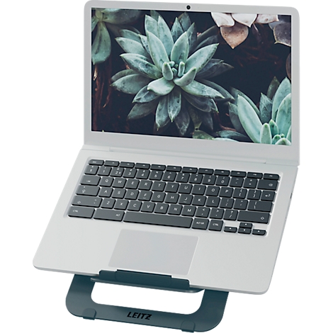 Un ordinateur portable sur un support. L'écran affiche un gros plan de plantes succulentes. "Leitz" est visible sur le support.