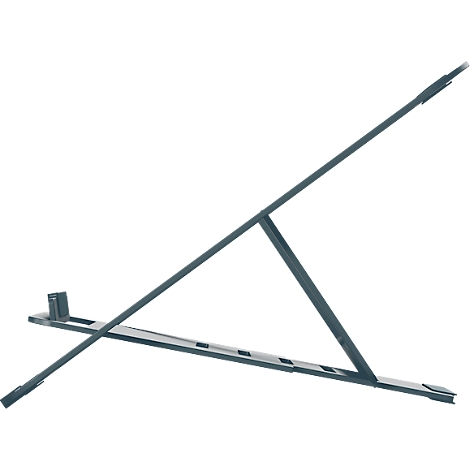 Vue de profil d'un support d'ordinateur portable gris. Le support a une base allongée et un support incliné.