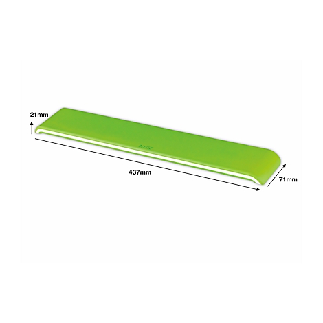 Green rectangular object with white edges. 437mm long, 71mm wide and 21mm high.