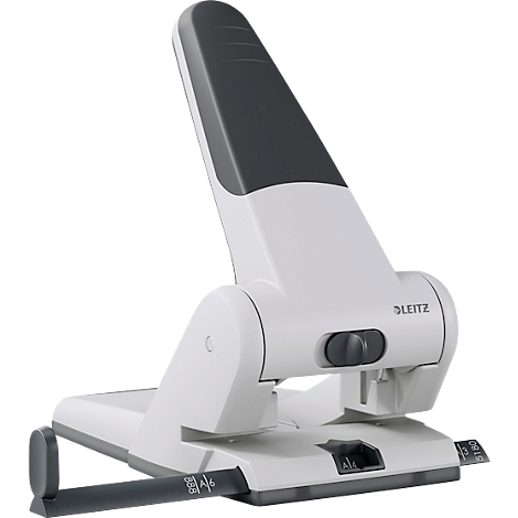 White hole punch with dark gray elements. The name 'LEITZ' is visible.