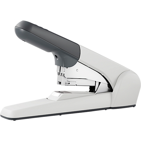 A gray stapler on a white background, the staples are open.